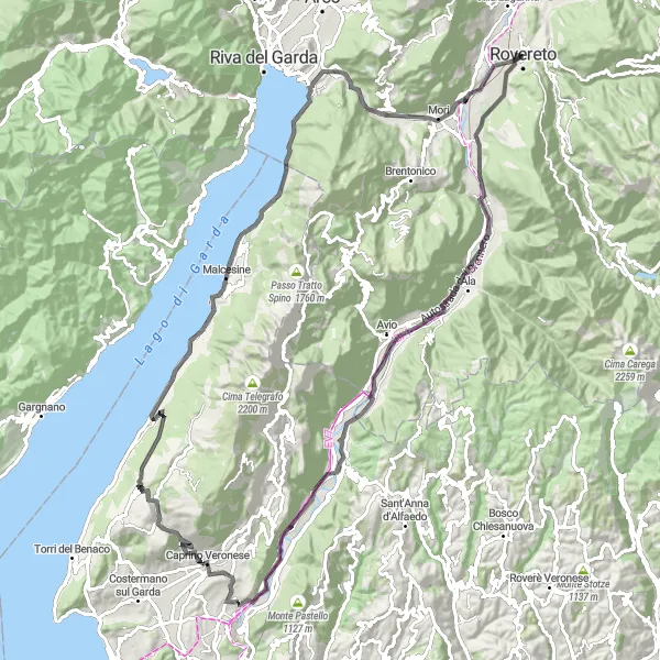 Kartminiatyr av "Rovereto to Malcesine via Passo dello Sceriffo" sykkelinspirasjon i Provincia Autonoma di Trento, Italy. Generert av Tarmacs.app sykkelrutoplanlegger