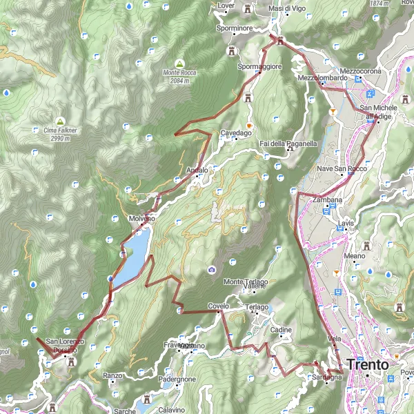 Mapa miniatúra "Gravelová trasa cez Monte Grum a Andalo" cyklistická inšpirácia v Provincia Autonoma di Trento, Italy. Vygenerované cyklistickým plánovačom trás Tarmacs.app