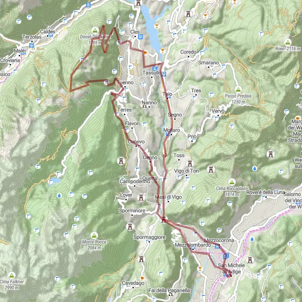Map miniature of "Cles Gravel Adventure" cycling inspiration in Provincia Autonoma di Trento, Italy. Generated by Tarmacs.app cycling route planner