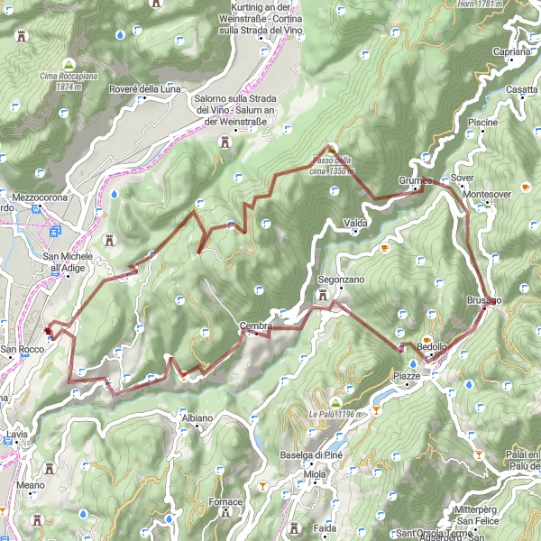 Mapa miniatúra "Gravel trasa cez Faedo a Passo della Crocola" cyklistická inšpirácia v Provincia Autonoma di Trento, Italy. Vygenerované cyklistickým plánovačom trás Tarmacs.app