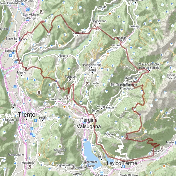 Karttaminiaatyyri "Haastava pyöräilyreitti lähellä San Michele All'Adigea" pyöräilyinspiraatiosta alueella Provincia Autonoma di Trento, Italy. Luotu Tarmacs.app pyöräilyreittisuunnittelijalla