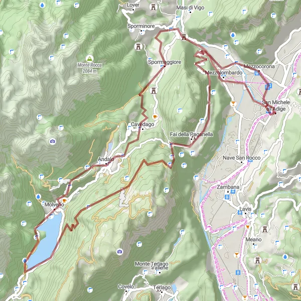 Miniaturekort af cykelinspirationen "Grusvejsrute til Monte Corno og Molveno" i Provincia Autonoma di Trento, Italy. Genereret af Tarmacs.app cykelruteplanlægger