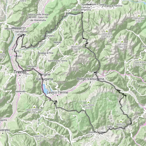 Miniatura mapy "Ekstremalna trasa szosowa przez Passo Manghen, Monte Costesin i Dos Paion" - trasy rowerowej w Provincia Autonoma di Trento, Italy. Wygenerowane przez planer tras rowerowych Tarmacs.app