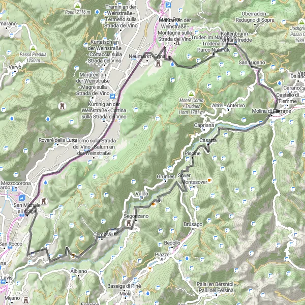 Miniaturekort af cykelinspirationen "Vino e Castelli Cycling Route" i Provincia Autonoma di Trento, Italy. Genereret af Tarmacs.app cykelruteplanlægger