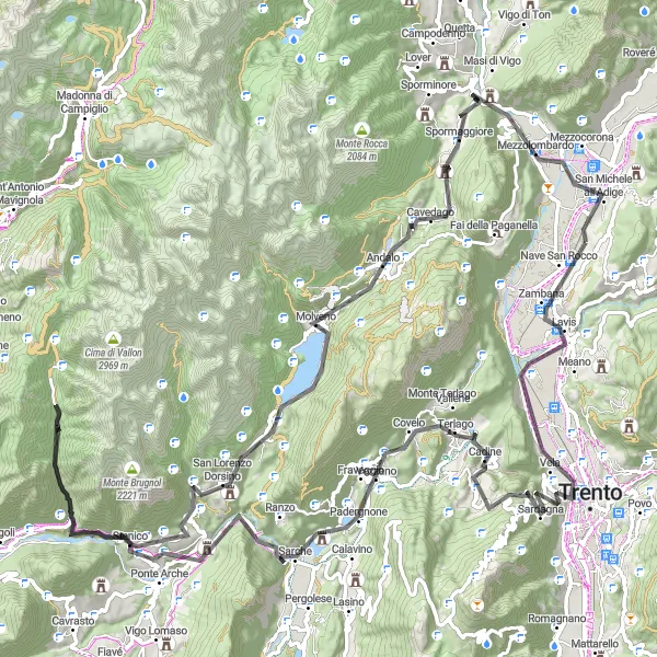 Mapa miniatúra "Výlet s panoramatickými výhľadmi" cyklistická inšpirácia v Provincia Autonoma di Trento, Italy. Vygenerované cyklistickým plánovačom trás Tarmacs.app