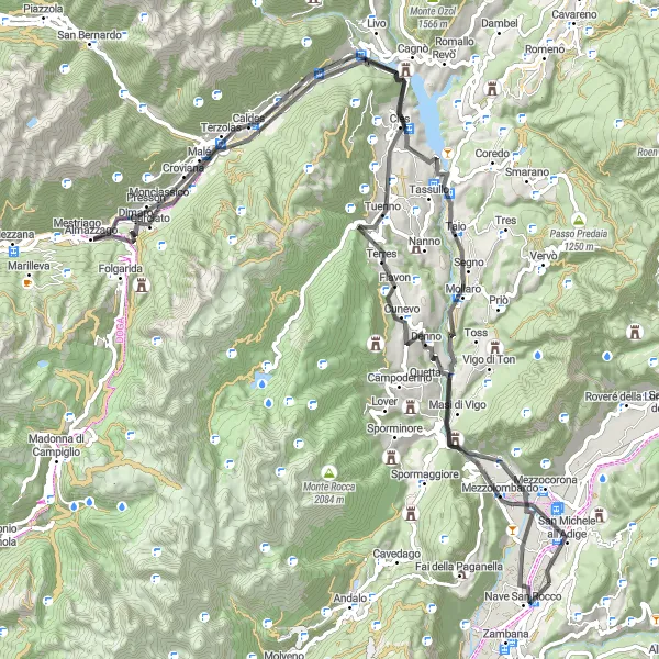 Karttaminiaatyyri "San Michele All'Adige - Sorni Loop" pyöräilyinspiraatiosta alueella Provincia Autonoma di Trento, Italy. Luotu Tarmacs.app pyöräilyreittisuunnittelijalla