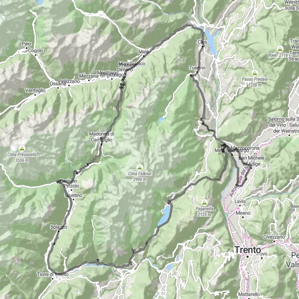 Map miniature of "Dolomites and Val di Sole Loop" cycling inspiration in Provincia Autonoma di Trento, Italy. Generated by Tarmacs.app cycling route planner