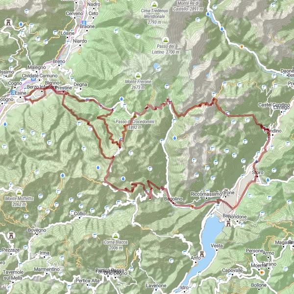 Miniaturní mapa "Gravel Cyklotrasa okolo Stora" inspirace pro cyklisty v oblasti Provincia Autonoma di Trento, Italy. Vytvořeno pomocí plánovače tras Tarmacs.app