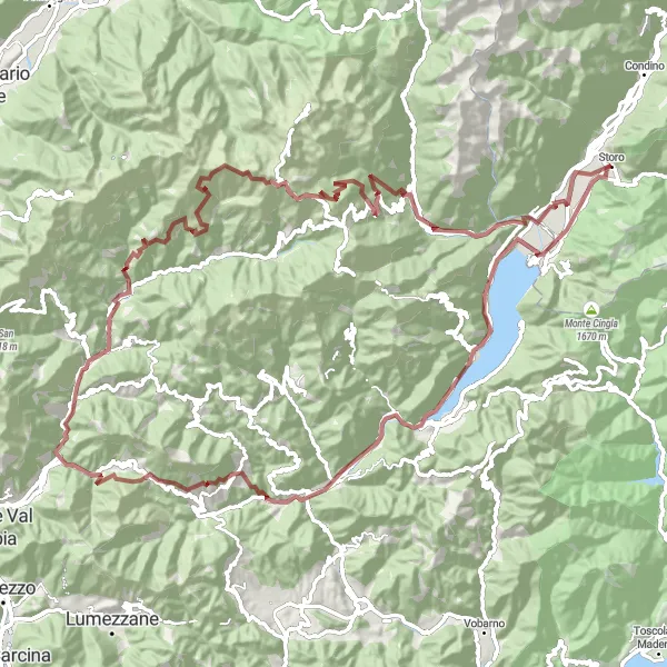 Miniatua del mapa de inspiración ciclista "Ruta de Grava alrededor de Storo y Lago d'Idro" en Provincia Autonoma di Trento, Italy. Generado por Tarmacs.app planificador de rutas ciclistas