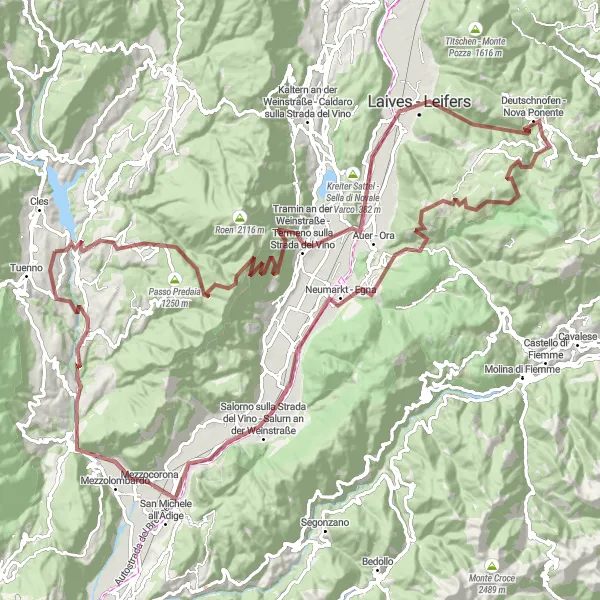 Karten-Miniaturansicht der Radinspiration "Tassullo - Deutschnofen - Salorno Rundtour" in Provincia Autonoma di Trento, Italy. Erstellt vom Tarmacs.app-Routenplaner für Radtouren