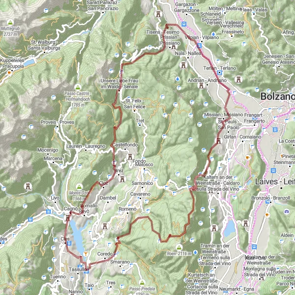 Karttaminiaatyyri "Clesin ympäri ajelu Coredoon - monipuolinen gravel-reitti" pyöräilyinspiraatiosta alueella Provincia Autonoma di Trento, Italy. Luotu Tarmacs.app pyöräilyreittisuunnittelijalla