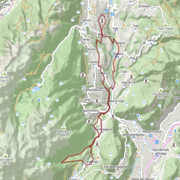 Miniaturekort af cykelinspirationen "Gruscykling i Tassullo og omegn" i Provincia Autonoma di Trento, Italy. Genereret af Tarmacs.app cykelruteplanlægger