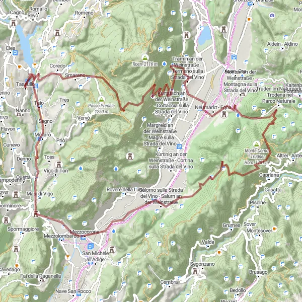 Zemljevid v pomanjšavi "Gorska kolesarska avantura okoli Tassulla" kolesarske inspiracije v Provincia Autonoma di Trento, Italy. Generirano z načrtovalcem kolesarskih poti Tarmacs.app