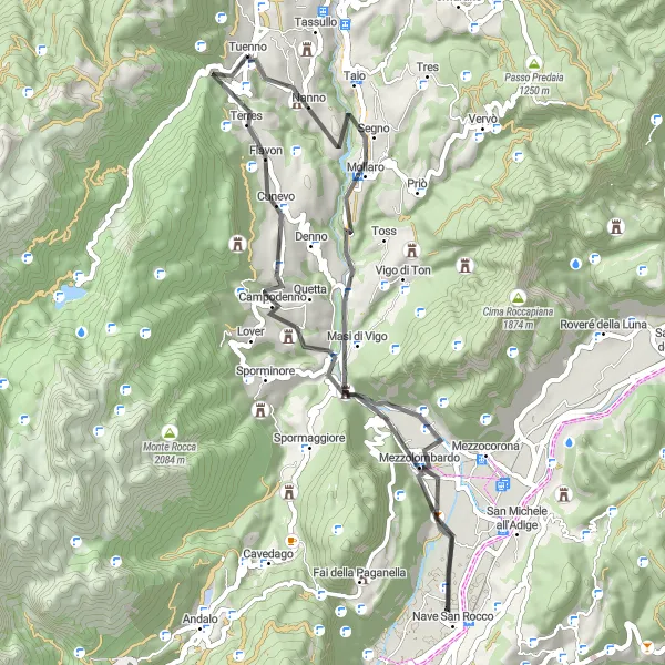 Miniatura della mappa di ispirazione al ciclismo "Giro in bici da Tassullo a Taio e oltre" nella regione di Provincia Autonoma di Trento, Italy. Generata da Tarmacs.app, pianificatore di rotte ciclistiche