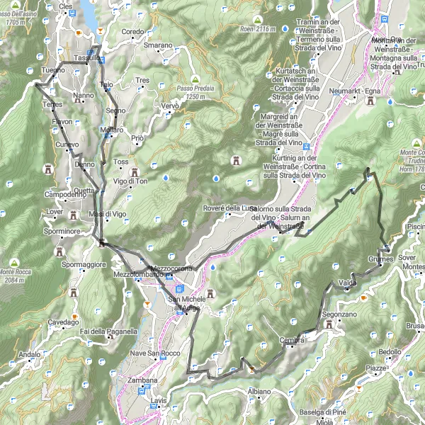Miniatura della mappa di ispirazione al ciclismo "Road Taio Loop" nella regione di Provincia Autonoma di Trento, Italy. Generata da Tarmacs.app, pianificatore di rotte ciclistiche