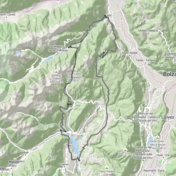 Kartminiatyr av "Spännande landsvägstur i Trentino" cykelinspiration i Provincia Autonoma di Trento, Italy. Genererad av Tarmacs.app cykelruttplanerare