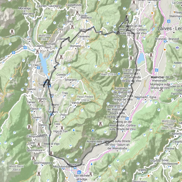 Karten-Miniaturansicht der Radinspiration "Tassullo-Dambel-Ruffré-Monte Corno-Taio" in Provincia Autonoma di Trento, Italy. Erstellt vom Tarmacs.app-Routenplaner für Radtouren