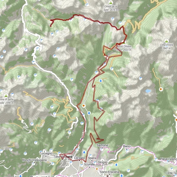 Kartminiatyr av "Panoramautsikt over Valsugana og Telve di Sopra" sykkelinspirasjon i Provincia Autonoma di Trento, Italy. Generert av Tarmacs.app sykkelrutoplanlegger