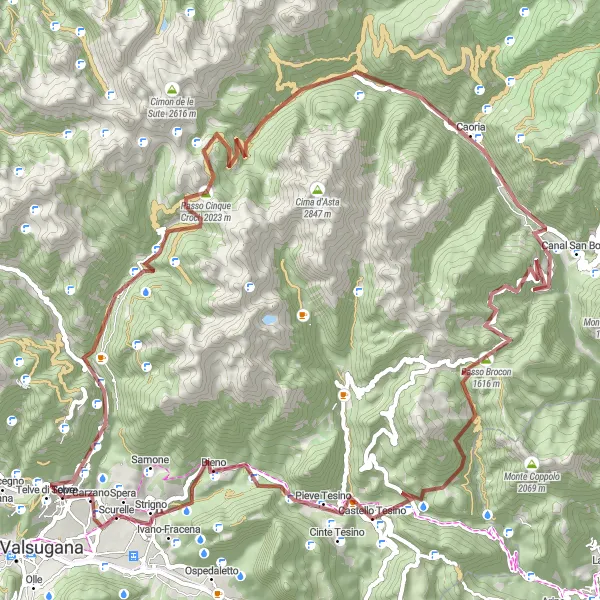 Kartminiatyr av "Grunneventyr gjennom fjellene" sykkelinspirasjon i Provincia Autonoma di Trento, Italy. Generert av Tarmacs.app sykkelrutoplanlegger