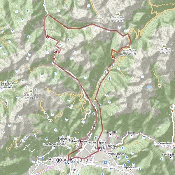 Miniatura della mappa di ispirazione al ciclismo "Gravel biking tra Monte Manghen e Scurelle" nella regione di Provincia Autonoma di Trento, Italy. Generata da Tarmacs.app, pianificatore di rotte ciclistiche