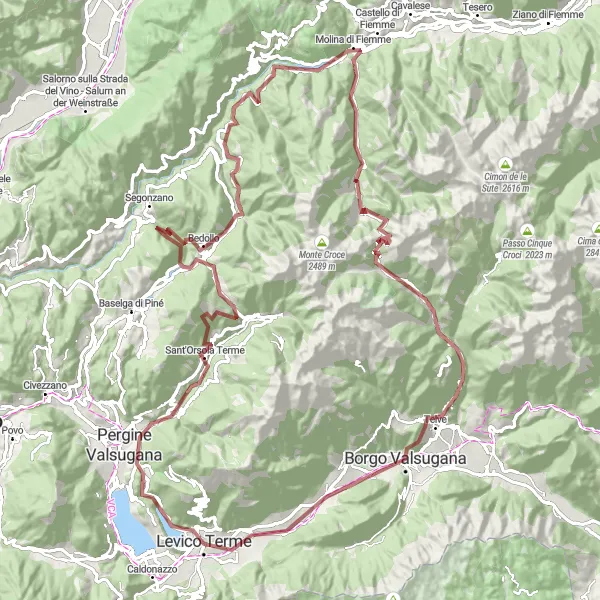 Kartminiatyr av "Grusväg cykling genom Telve bergen" cykelinspiration i Provincia Autonoma di Trento, Italy. Genererad av Tarmacs.app cykelruttplanerare
