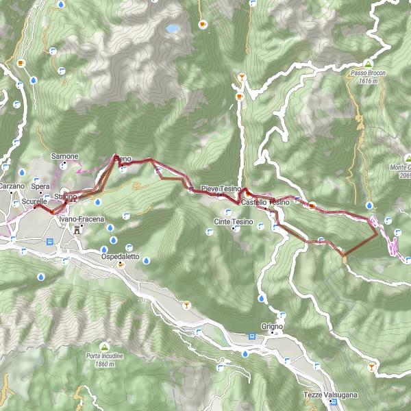 Miniaturní mapa "Gravelová trasa Bieno - Spera" inspirace pro cyklisty v oblasti Provincia Autonoma di Trento, Italy. Vytvořeno pomocí plánovače tras Tarmacs.app