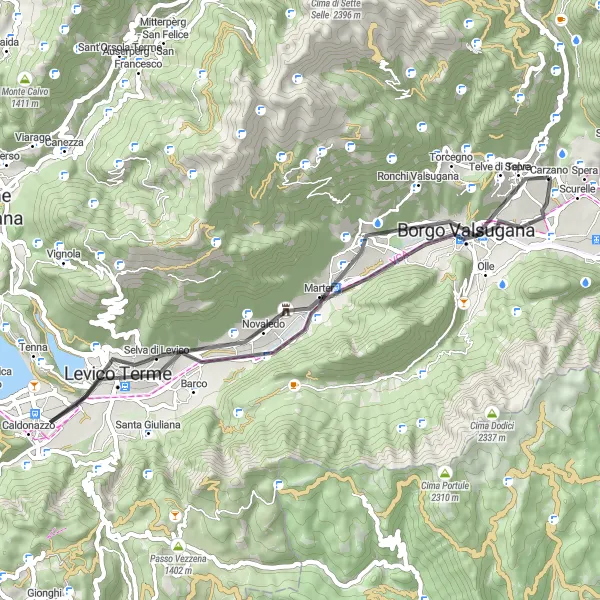 Miniaturekort af cykelinspirationen "Landevejscykelrute fra Telve" i Provincia Autonoma di Trento, Italy. Genereret af Tarmacs.app cykelruteplanlægger
