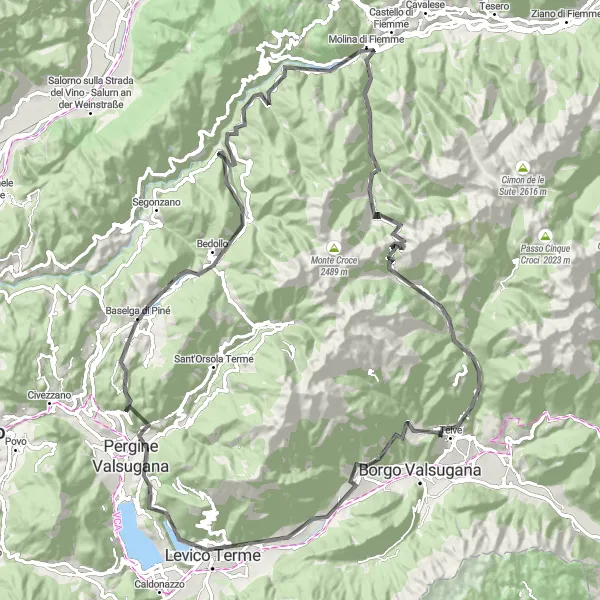 Miniatura mapy "Trasa szosowa przez dolinę Valsugana i Passo Manghen" - trasy rowerowej w Provincia Autonoma di Trento, Italy. Wygenerowane przez planer tras rowerowych Tarmacs.app