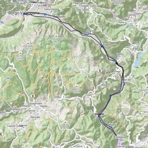Map miniature of "Road Cycling Adventure: Borgo Valsugana Loop" cycling inspiration in Provincia Autonoma di Trento, Italy. Generated by Tarmacs.app cycling route planner