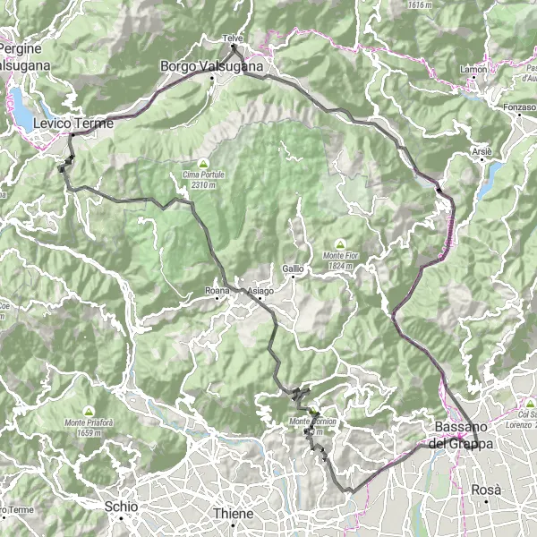 Miniaturekort af cykelinspirationen "Rundtur på landevej gennem Veneto-regionen" i Provincia Autonoma di Trento, Italy. Genereret af Tarmacs.app cykelruteplanlægger