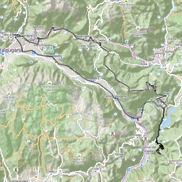 Map miniature of "Mountains and Valleys" cycling inspiration in Provincia Autonoma di Trento, Italy. Generated by Tarmacs.app cycling route planner