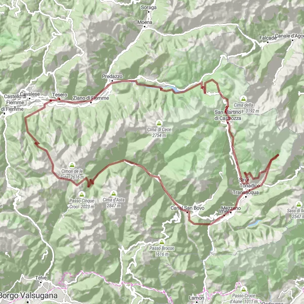 Mapa miniatúra "Extrémny gravelový výlet okolo Tesera" cyklistická inšpirácia v Provincia Autonoma di Trento, Italy. Vygenerované cyklistickým plánovačom trás Tarmacs.app