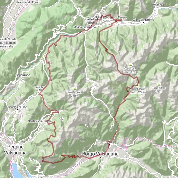 Miniatura della mappa di ispirazione al ciclismo "Avventura in bicicletta tra Cavalese e Tesero via Passo del Compet" nella regione di Provincia Autonoma di Trento, Italy. Generata da Tarmacs.app, pianificatore di rotte ciclistiche