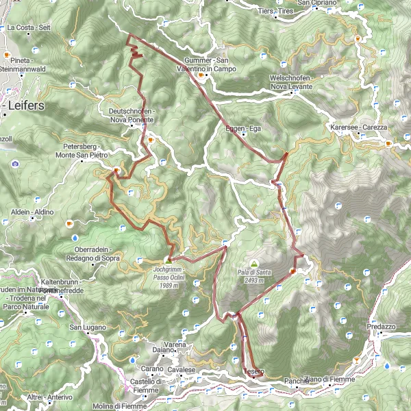 Miniatua del mapa de inspiración ciclista "Ruta de Grava Tesero - Lago di Tesero" en Provincia Autonoma di Trento, Italy. Generado por Tarmacs.app planificador de rutas ciclistas