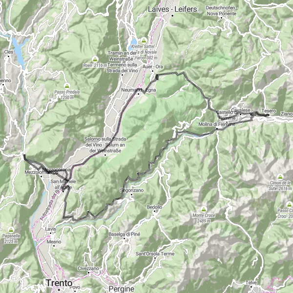 Mapa miniatúra "Okolo Tesera cez Monte Corno" cyklistická inšpirácia v Provincia Autonoma di Trento, Italy. Vygenerované cyklistickým plánovačom trás Tarmacs.app