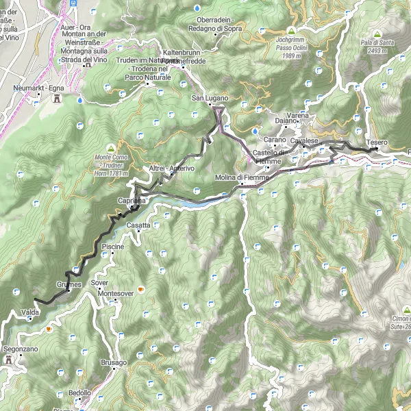 Miniature de la carte de l'inspiration cycliste "Boucle des Vallées et des Villages" dans la Provincia Autonoma di Trento, Italy. Générée par le planificateur d'itinéraire cycliste Tarmacs.app