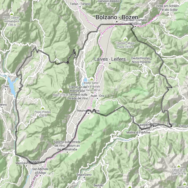 Map miniature of "The Peaks and Valleys of Trentino" cycling inspiration in Provincia Autonoma di Trento, Italy. Generated by Tarmacs.app cycling route planner