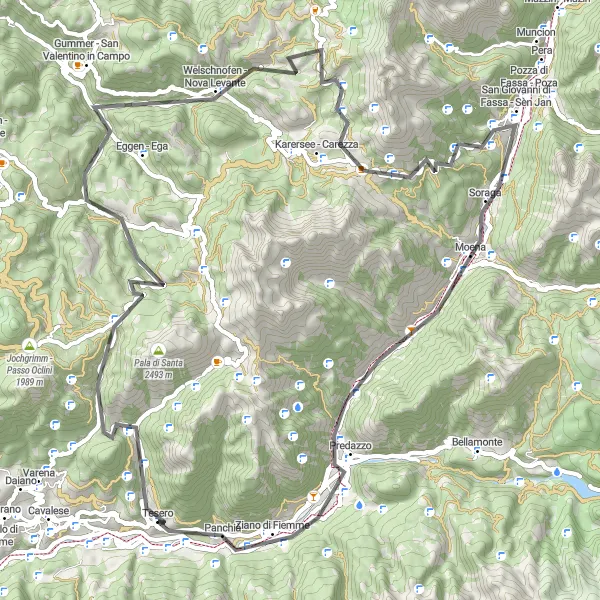Miniatua del mapa de inspiración ciclista "Ruta de ciclismo de carretera por Passo di Lavazè y Passo di Costalunga" en Provincia Autonoma di Trento, Italy. Generado por Tarmacs.app planificador de rutas ciclistas