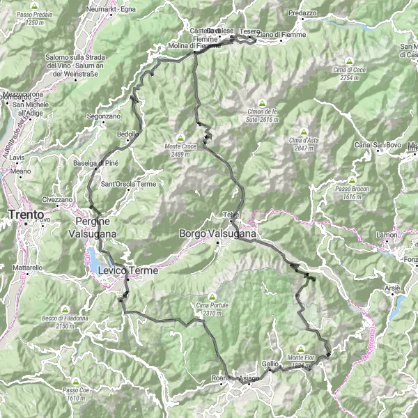 Miniaturní mapa "Dlouhá horská cyklotrasa kolem Tesera" inspirace pro cyklisty v oblasti Provincia Autonoma di Trento, Italy. Vytvořeno pomocí plánovače tras Tarmacs.app