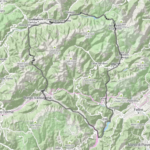 Miniatura della mappa di ispirazione al ciclismo "Giro in bicicletta Tesero - Passo Rolle" nella regione di Provincia Autonoma di Trento, Italy. Generata da Tarmacs.app, pianificatore di rotte ciclistiche