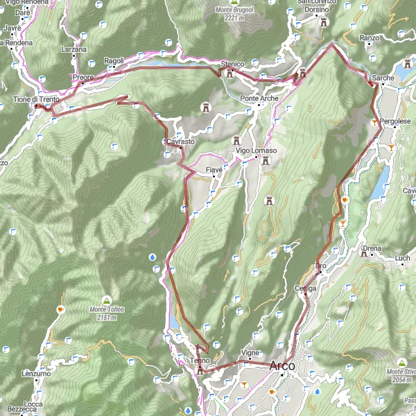 Zemljevid v pomanjšavi "Gravel Cycling Adventure around Tione di Trento" kolesarske inspiracije v Provincia Autonoma di Trento, Italy. Generirano z načrtovalcem kolesarskih poti Tarmacs.app