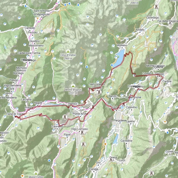 Zemljevid v pomanjšavi "Epic Gravel Cycling Loop near Tione di Trento" kolesarske inspiracije v Provincia Autonoma di Trento, Italy. Generirano z načrtovalcem kolesarskih poti Tarmacs.app