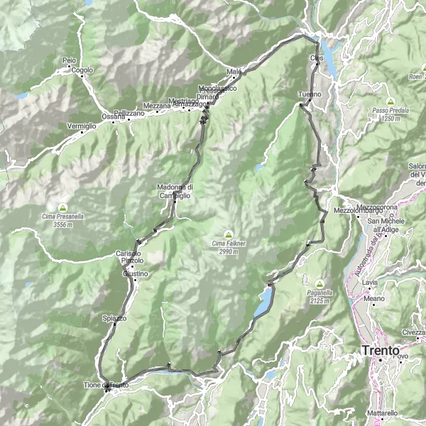 Mapa miniatúra "Cestný okruh cez Madonna di Campiglio a Belvedere Dolomiti" cyklistická inšpirácia v Provincia Autonoma di Trento, Italy. Vygenerované cyklistickým plánovačom trás Tarmacs.app