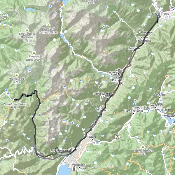 Miniaturní mapa "Okruh Skalnatější úsek na silnici" inspirace pro cyklisty v oblasti Provincia Autonoma di Trento, Italy. Vytvořeno pomocí plánovače tras Tarmacs.app