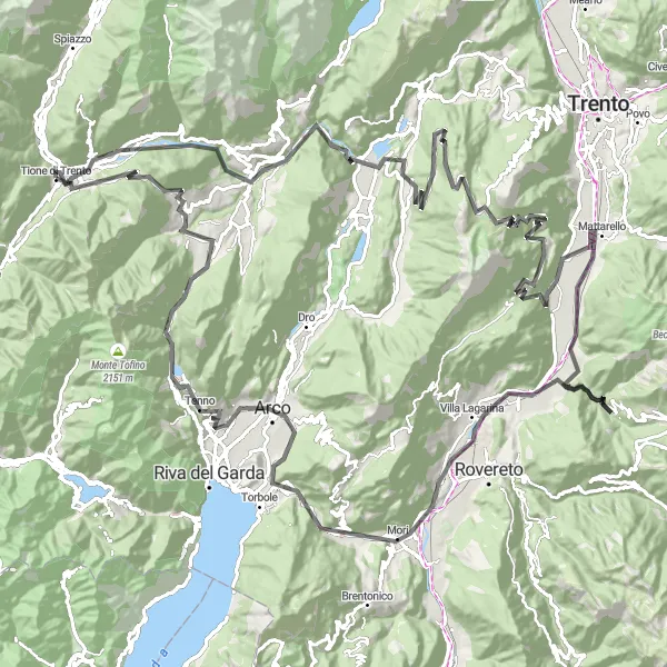 Kartminiatyr av "Sjarmerende veier og pittoreske landsbyer rundt Tione di Trento" sykkelinspirasjon i Provincia Autonoma di Trento, Italy. Generert av Tarmacs.app sykkelrutoplanlegger