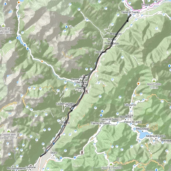 Miniatura della mappa di ispirazione al ciclismo "Giro in bicicletta da Tione di Trento" nella regione di Provincia Autonoma di Trento, Italy. Generata da Tarmacs.app, pianificatore di rotte ciclistiche