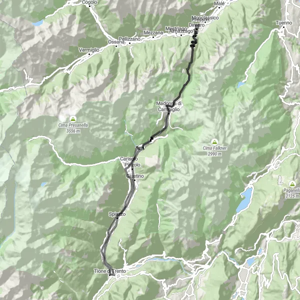 Zemljevid v pomanjšavi "Tione di Trento - Madonna di Campiglio Road Cycling Route" kolesarske inspiracije v Provincia Autonoma di Trento, Italy. Generirano z načrtovalcem kolesarskih poti Tarmacs.app