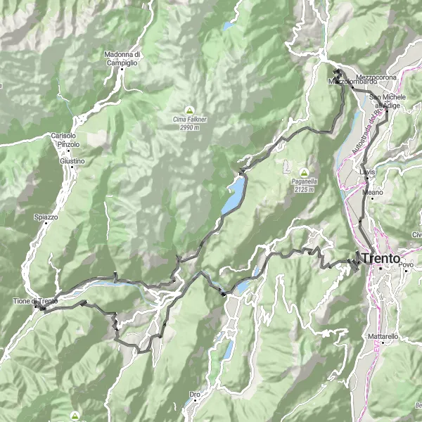 Mapa miniatúra "Trasa cez Monte Corno" cyklistická inšpirácia v Provincia Autonoma di Trento, Italy. Vygenerované cyklistickým plánovačom trás Tarmacs.app