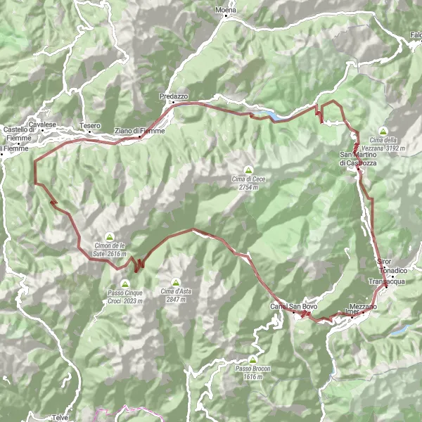 Map miniature of "Mezzano to Siror Gravel Adventure" cycling inspiration in Provincia Autonoma di Trento, Italy. Generated by Tarmacs.app cycling route planner
