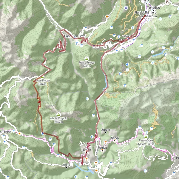 Miniatua del mapa de inspiración ciclista "Ruta de ciclismo de grava en las montañas" en Provincia Autonoma di Trento, Italy. Generado por Tarmacs.app planificador de rutas ciclistas